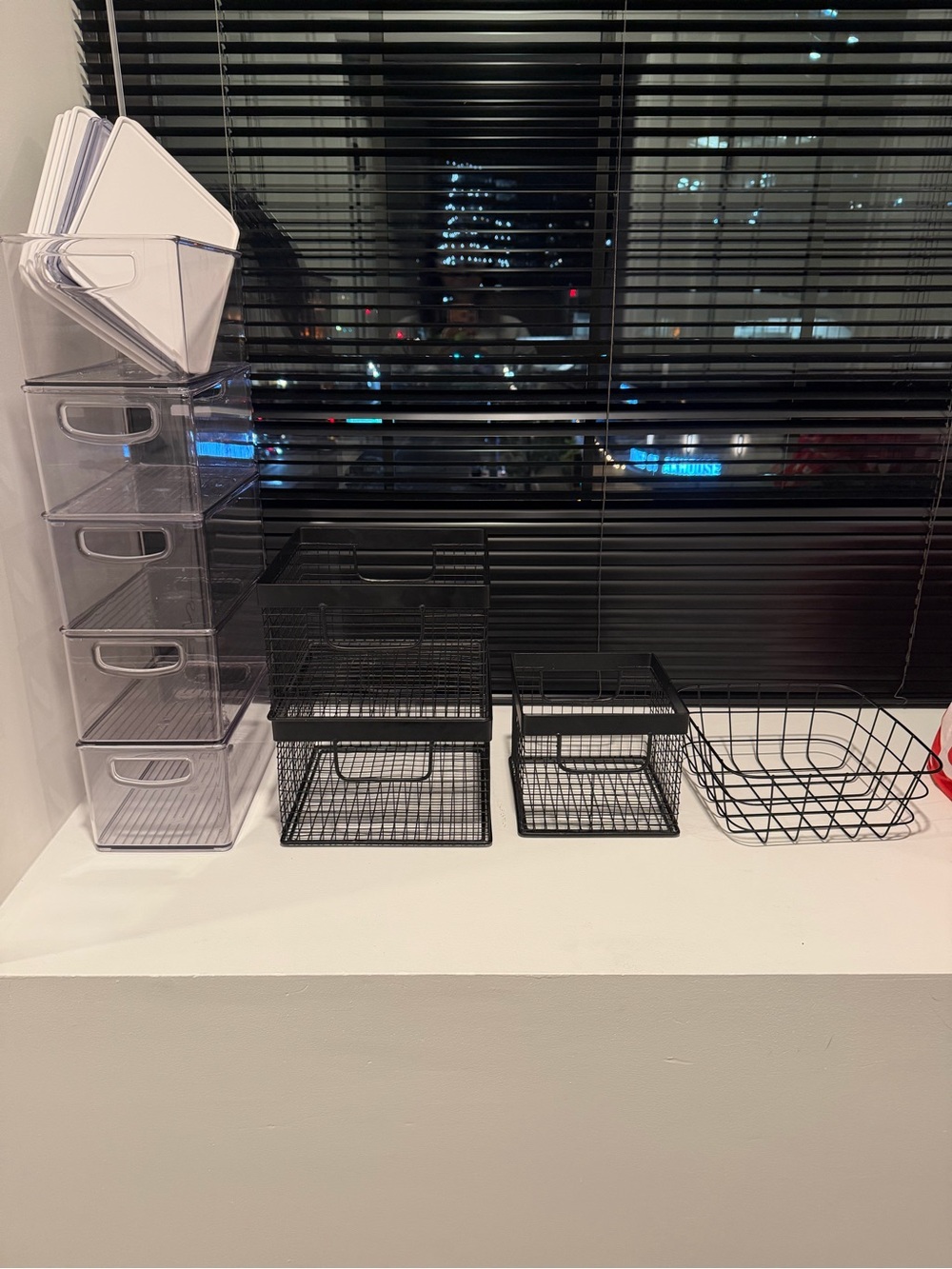 Set of (4) Black Wire Storage Baskets and (5) Clear Plastic Drawer Organizer